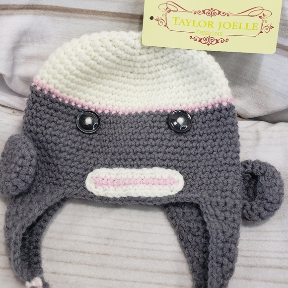 Taylor Joelle Sock Monkey Knit Hat Tassel Straps Infant 3-6 Months Cotton - Picture 2 of 8
